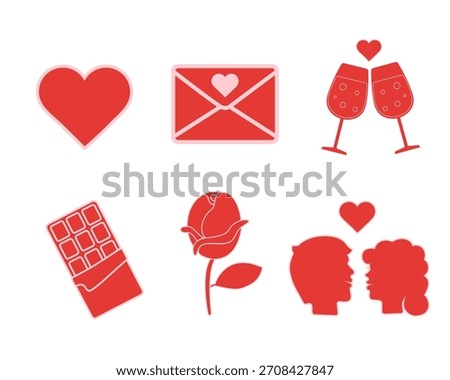 Romantic red icons set: heart, love letter, champagne glasses, chocolate, rose, couple silhouette.