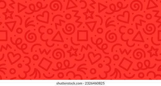 Romantic red line doodle seamless pattern. Creative abstract style art background for party event or trendy design with basic shapes. Simple love scribble wallpaper print.