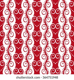 Romantic red ornament. Abstract seamless pattern with swirls and hearts