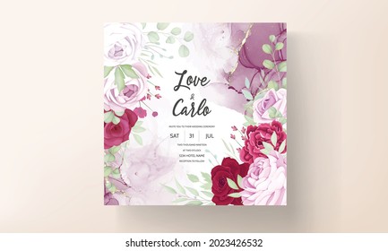 Romantic red and pink floral wedding invitation template with alcohol ink background