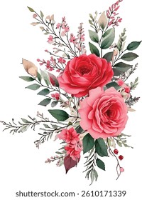 Romantic red and pink roses bouquet with greenery, perfect for wedding invitations.  Watercolor-style rose arrangement with delicate leaves and floral accents. Elegant floral composition 