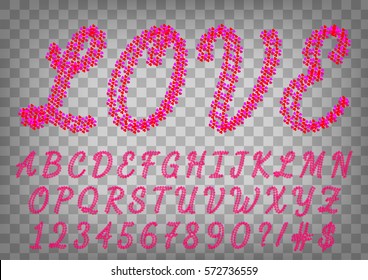 Romantic red and purple hearts script typeface. Romance love font on vector background.