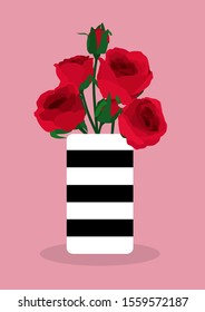 Romantic red rose in black and withe striped pattern vase on pink background