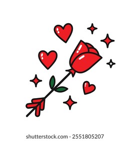 Romantic Red Rose with Hearts and Sparkles Illustration for Valentine's Day