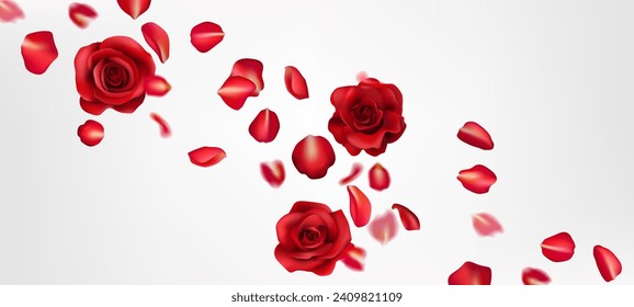 A romantic red rose realistic illustration, with flying petals. Perfect for Valentine's Day, weddings, and celebrations. Realistic details create a beautiful, natural design. Not AI.