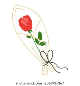 Romantic red rose in a transparent wrapping for Women's Day or Valentine's Day