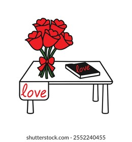 Romantic Red Roses Bouquet on Table with Love Book - Valentine's Day Concept