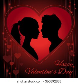 Romantic red Valentine`s Day card with a silhouette of loving couple.