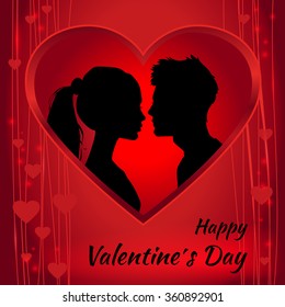 Romantic red Valentine`s Day card with a silhouette of of loving couple.