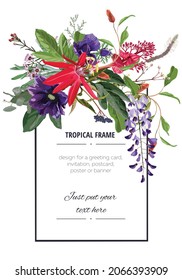 Romantic red violet flowers Passion flower, anemones, wisteria and herbs bouquet bride wedding invitation template design. Light vintage background.