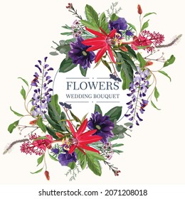 Romantic red violet flowers Passion flower, anemones, wisteria and herbs bouquet bride wedding invitation template design. Light vintage background.