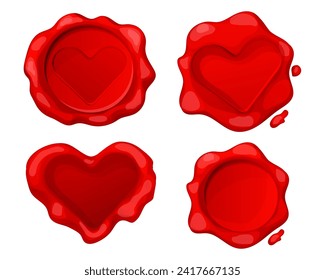 Romantic red wax seal heart shape in cartoon style isolated on white background. Holiday stamp, love letter decoration. 