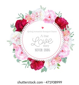 Romantic red, white and pink peonies, alstroemeria lily, eucalyptus leaves round vector frame. All elements are isolated and editable.