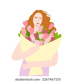 
romantic redhead girl holding a bouquet of flowers on a white background