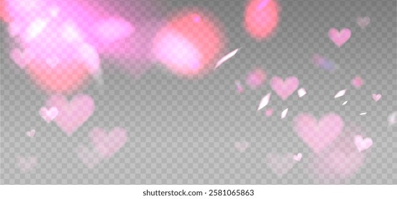 Romantic reflection, pink light prism effect on light background. Hologram glass dispersion, crystal hearts glittering overlay. Vector illustration