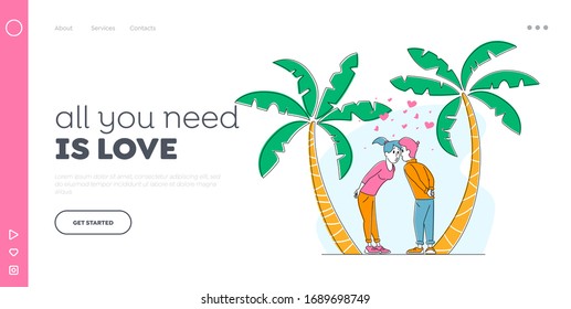 Romantic Relation Landing Page Template. Couple Kissing on Tropical Background with Palm Trees and Hearts around. Pair in Love, Man and Woman Valentine Day on Exotic Resort. Linear Vector Illustration