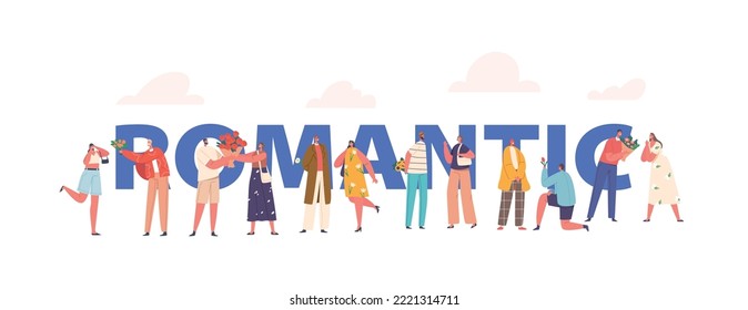 Relaciones Románticas, Concepto de Fecha. Hombre de citas de pareja da flores presentes a la novia. Chica feliz recibe un ramo de hermosas flores de un afiche, pancarta o volante de un novio. Ilustración del vector de dibujos animados