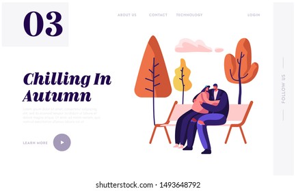 Romantic Relations, Fall Dating Website Landing Page. Loving Happy Couple Hugging, Holding Hands Sitting on Bench in Autumn Day in City Park, Love Web Page Banner. Cartoon Flat Vector Illustration