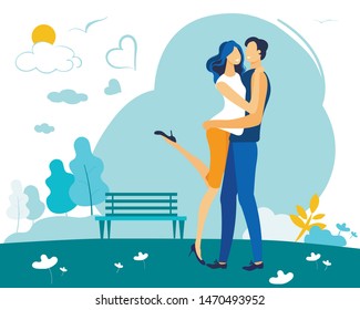 Romantic Relations, Love, Young Loving Couple Hugging and Kissing in City Park. Summertime Vacation. Outdoors Summer Spare Time, Leisure. Man Holding Woman on Hands. Cartoon Flat Vector Illustration