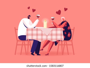 Romantic Relations, Meeting. Happy Loving Couple of Male and Female Characters Dating in Restaurant. Declaration of Love, Young Man and Woman Holding Glasses in Hands. Cartoon Flat Vector Illustration