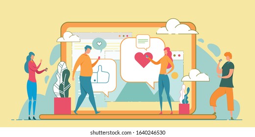 Romantic Relations Online Flat Vector Illustration. People Meeting in Virtual Space Concept. Smartphone Users Liking Social Media Profiles. Trendy Youth Pastime Idea. Modern Communication Idea