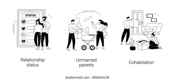 Romantic relationship abstract concept vector illustration set. Relationship status, unmarried parents, cohabitation and living together, engaged and got married, moving together abstract metaphor.
