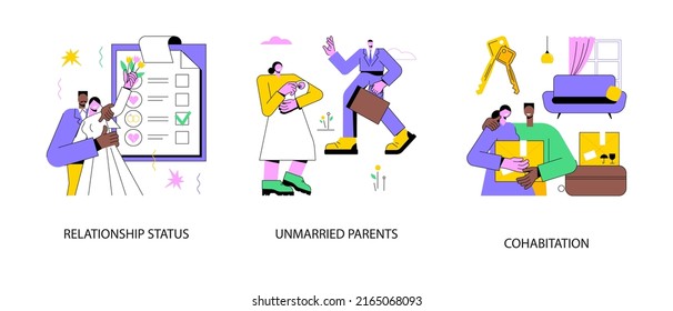 Romantic relationship abstract concept vector illustration set. Relationship status, unmarried parents, cohabitation and living together, engaged and got married, moving together abstract metaphor.
