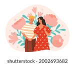 Romantic relationship between a man and a woman. A couple holds hands and enjoys each other on the background of beautiful pink flowers. Gentle cartoon vector illustration for St. Valetins Day