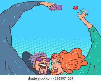 Romantic relationship between spouses. Honeymoon abroad together. A man and a girl next to each other take a selfie and show a heart.