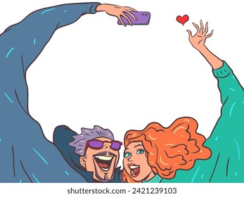 Romantic relationship between spouses. Honeymoon abroad together. A man and a girl next to each other take a selfie and show a heart. Comic cartoon pop art retro vector illustration hand drawing. On a