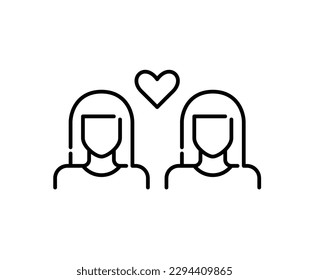 Relación romántica entre dos mujeres. Icono de trazo perfecto y modificable en fondo transparente