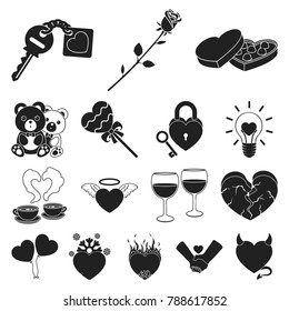Romantic relationship black icons in set collection for design. Love and friendship vector symbol stock web illustration.