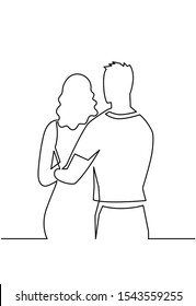 Romantic relationship continuous one line drawing. Romance, young couple in love hug one another vector art. Girlfriend and boyfriend put arms around, husband and wife. Dating, passion, valentine day.