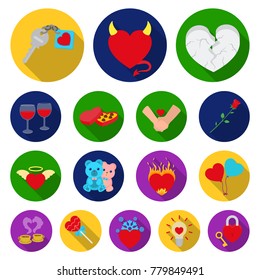 Romantic relationship flat icons in set collection for design. Love and friendship vector symbol stock web illustration.
