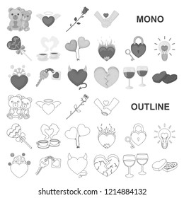 Romantic relationship monochrom icons in set collection for design. Love and friendship vector symbol stock web illustration.