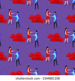 Romantic Relationship Seamless Pttern. Happy Couples in Love. Romance Feeling Communicating in Dating Situation, Men and Woman Holding Hands, Hearts Heaps Nearby. 3D Flat Isometric Vector Illustration