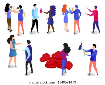 Romantic Relationship Set. Happy Couples in Love. Romance Feeling Communicating in Different Dating Situations, Drinking People Isolated on White Background. 3D Isometric Vector Illustration