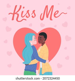 Romantic relationship social media post mockup. Kiss me phrase. Web banner design template. Couple in love booster, content layout with inscription. Poster, print ads and flat illustration