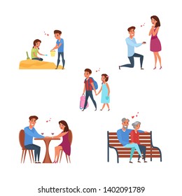 Romantic relationship stages illustrations set. Сouple different age, generation. Childhood, adolescence, youth, maturity, old age. Life cycle steps. First love, engagement, marriage design collection