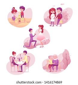 Romantic relationship stages illustrations set. ouple different age, generation. Childhood, adolescence, youth, maturity, old age. Life cycle steps. First love engagement marriage design collection