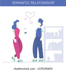 Romantic relationship at work concept. Flat vector illustration. Woman with a mobile phone in her hand is flirting with a young man. A bookshelf, heart icons as a background.