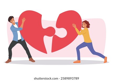 Romantic relationships between man and woman connecting heart symbolizing love and understanding in couple. Romantic relationships among happy people who want to start family and live together