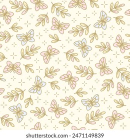 Romantic repeat pattern with fluttering butterflies and subtle foliage in pastel colors. Delicate print for children's fabric, wallpaper or wrapping paper.