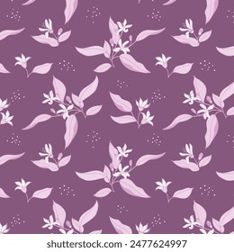 Romantic repeat pattern of hand drawn lemon blossom in shades of purple. Vintage monochromatic print of spring citrus tree flowers and leaves.