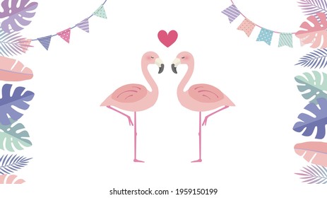 Romantic resort. Botanical leaf, left and right decoration frame. Two flamingos and a heart in the center