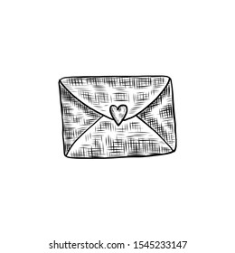 Romantic retro envelope hand drawn ink sketch, vector illustration love letter isolated on white bakcground, decorative vintage mail sign for design scrapbook, greeting card, wedding invitation