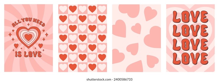 Romantic retro groovy set backgrounds in style 70s, 80s. All you need is love poster. Trendy vector illustration. Red and pink colors