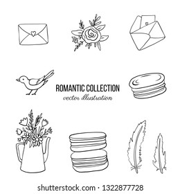 Romantic retro set envelopen, flower, bird, feather, macaroons hand drawn ink sketch, vector illustration isolated on white, decorative vintage watering can for design scrapbook, travel, greeting card