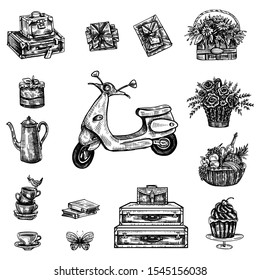 Romantic retro set scooter, baskets with food and flower, sweets, books, bird, case hand drawn ink sketch, vector illustration isolated on white, decorative vintage case for design scrapbook, travel