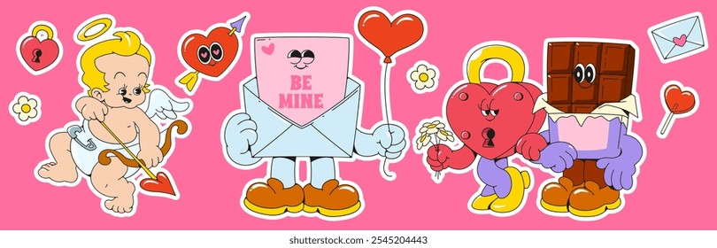 Romantic retro sticker set - winged cupid with bow, card in letter envelope holding balloon, heart shaped lock in couple with chocolate bar. Groovy cartoon characters for Valentine day design.